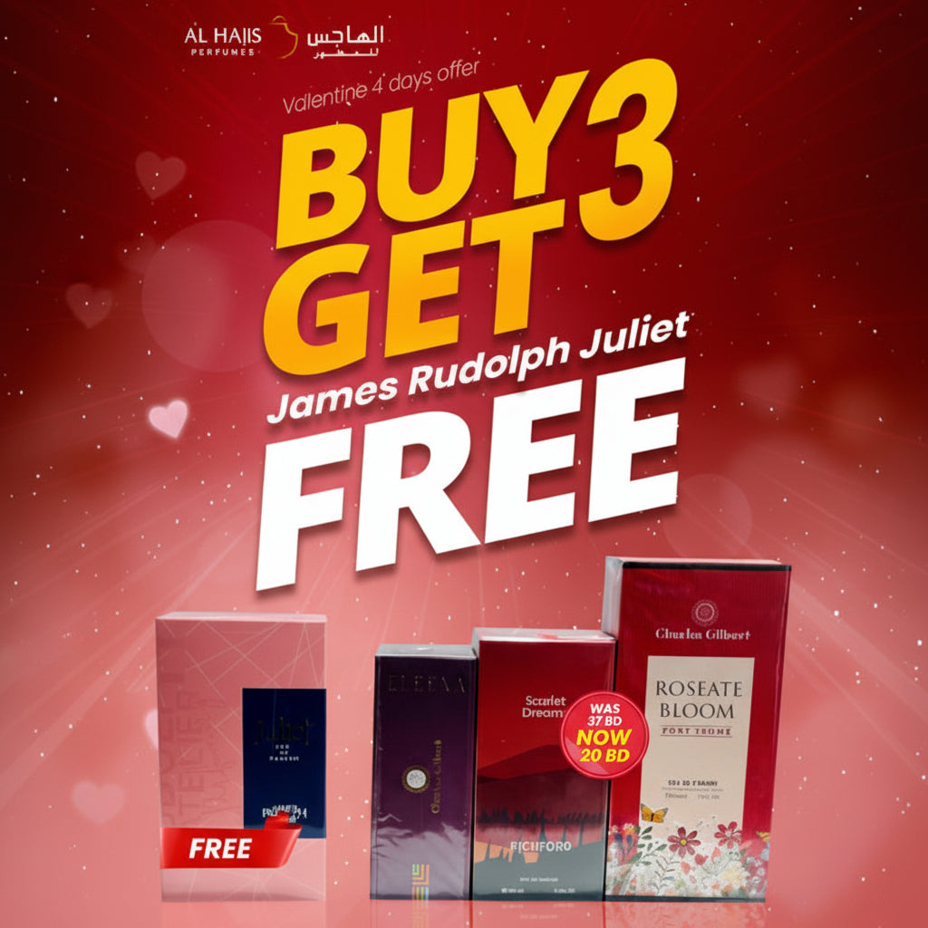 Promotional advertisement for Al HAJIS perfumes with 'Buy 3 Get 1 Free' offer on a red background.