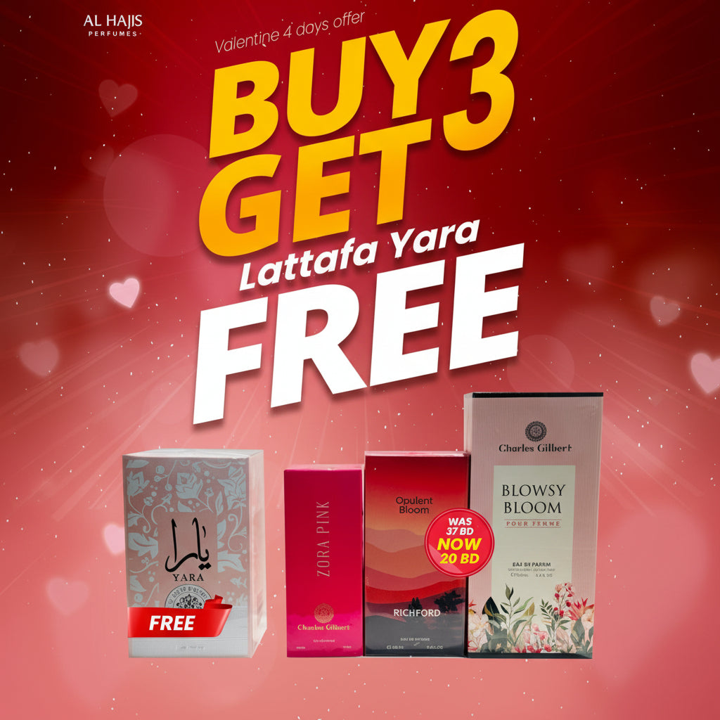 Promotional advertisement for Al HAJIS perfumes with 'Buy 3 Get Lattafa Yara Free' offer on a red background.